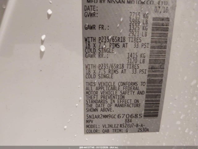 5N1AR2MM9GC670685 Nissan Pathfinder Sv