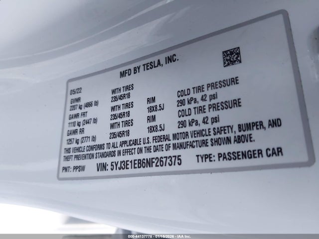 2022 TESLA MODEL 3 5YJ3E1EB6NF267375 Photo 8