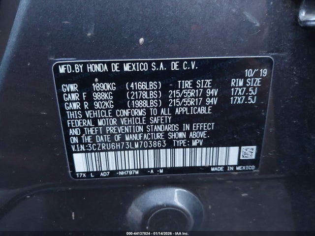 3CZRU6H73LM703863 Honda Hr-v Awd Ex-l