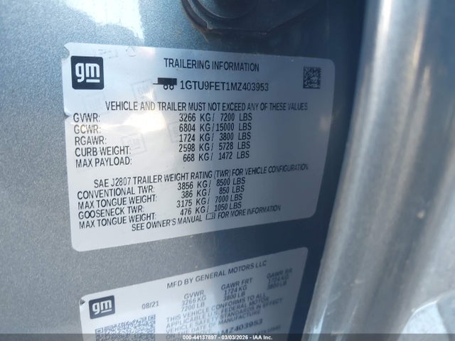 1GTU9FET1MZ403953 GMC Sierra 1500 4wd Short Box Denali