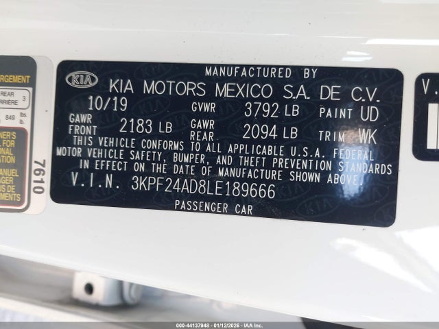 Aukcja sprzedaży 2020 Kia Forte Lxs, vin: 3KPF24AD8LE189666, numer aukcji: 44137948