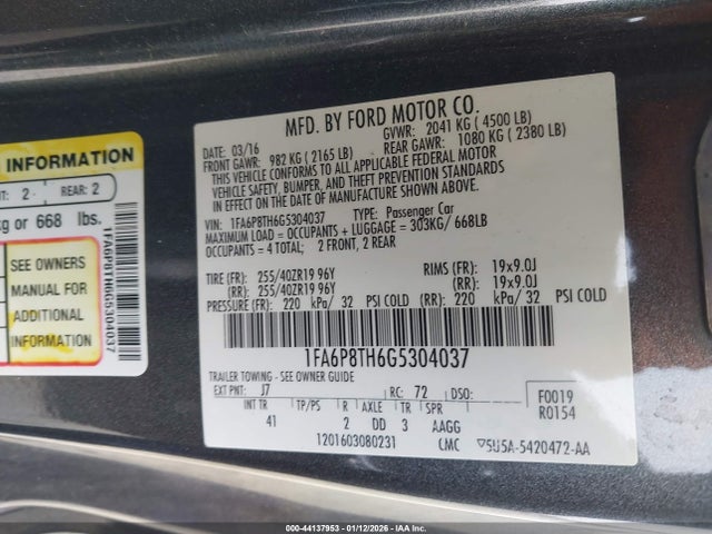 Продажа на аукционе авто 2016 Ford Mustang Ecoboost, vin: 1FA6P8TH6G5304037, номер лота: 44137953