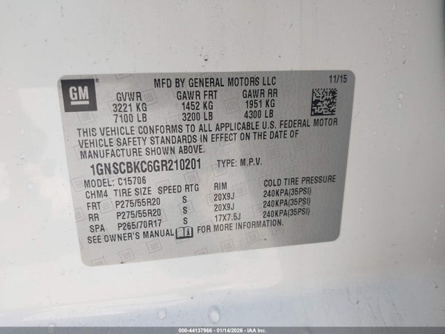 Продаж на аукціоні авто 2016 Chevrolet Tahoe Lt, vin: 1GNSCBKC6GR210201, номер лоту: 44137966
