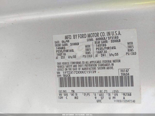 44138008 :رقم المزاد ، 1FTZX172XXKC15139 vin ، 1999 Ford F-150 Work Series/xl/xlt مزاد بيع
