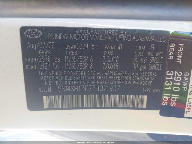 2007 Hyundai Santa Fe Limited/se მანქანა იყიდება აუქციონზე, vin: 5NMSH13E77H021937, აუქციონის ნომერი: 44138053
