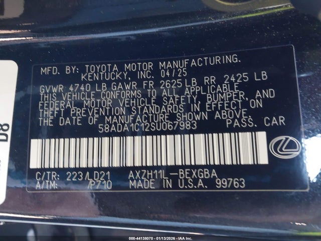 Продаж на аукціоні авто 2025 Lexus Es 300h, vin: 58ADA1C12SU067983, номер лоту: 44138070