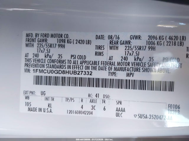 1FMCU0GD8HUB27332 Ford ESCAPE SE