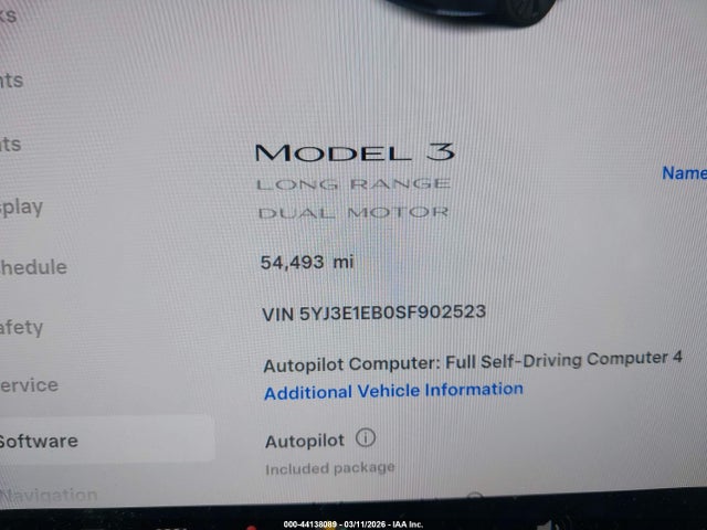 44138089 :رقم المزاد ، 5YJ3E1EB0SF902523 vin ، 2025 Tesla Model 3 Long Range All-wheel Drive مزاد بيع