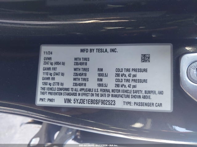 44138089 :رقم المزاد ، 5YJ3E1EB0SF902523 vin ، 2025 Tesla Model 3 Long Range All-wheel Drive مزاد بيع