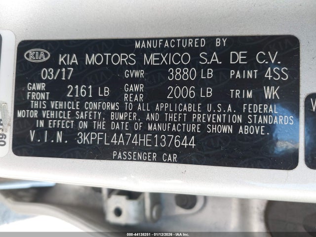 3KPFL4A74HE137644 KIA FORTE LX