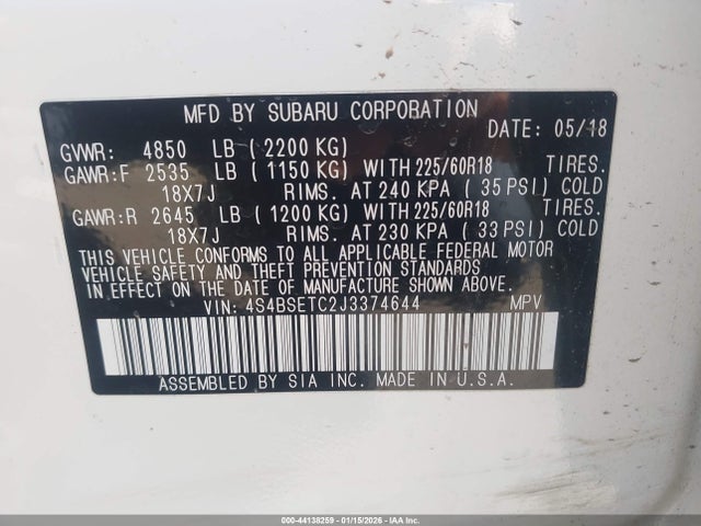 Subaru Outback 3.6r Touring 2018 4S4BSETC2J3374644 Image 9