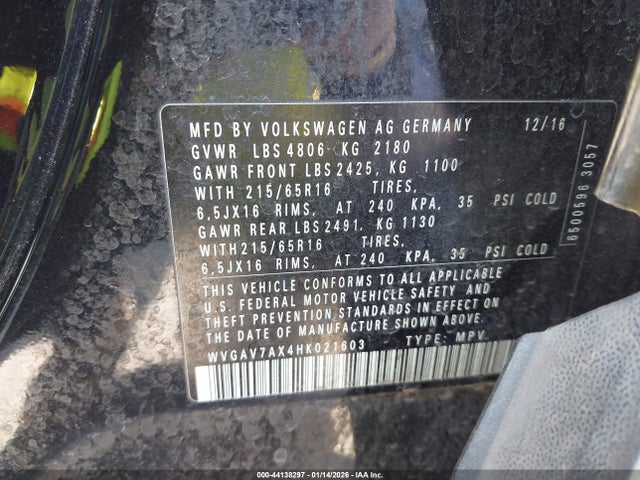Aukcja sprzedaży 2017 Volkswagen Tiguan 2.0t/2.0t S, vin: WVGAV7AX4HK021603, numer aukcji: 44138297