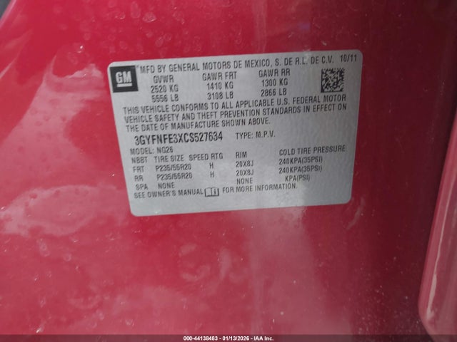 44138483 :رقم المزاد ، 3GYFNFE3XCS527634 vin ، 2012 Cadillac Srx Premium Collection مزاد بيع