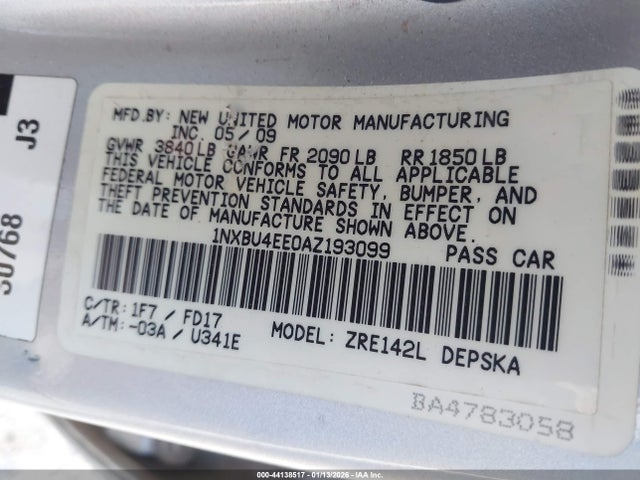 Продаж на аукціоні авто 2010 Toyota Corolla S, vin: 1NXBU4EE0AZ193099, номер лоту: 44138517
