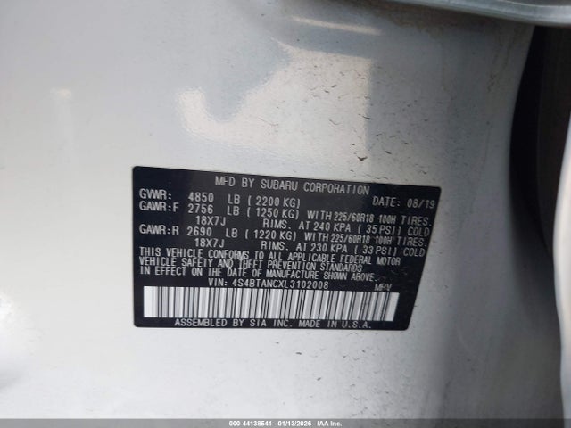 Aukcja sprzedaży 2020 Subaru Outback Limited, vin: 4S4BTANCXL3102008, numer aukcji: 44138541