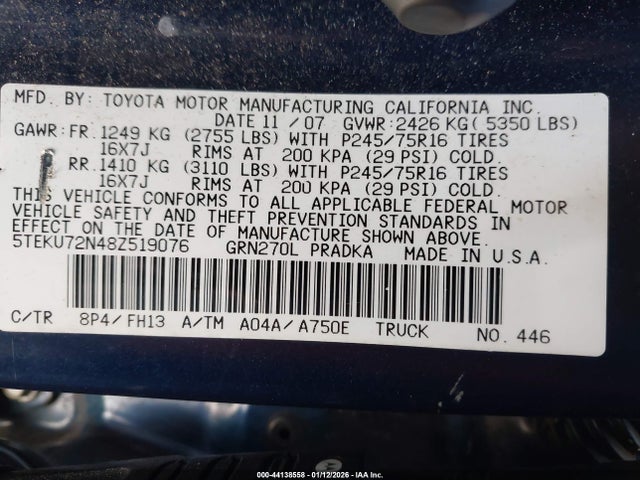 2008 Toyota Tacoma Prerunner V6 მანქანა იყიდება აუქციონზე, vin: 5TEKU72N48Z519076, აუქციონის ნომერი: 44138558
