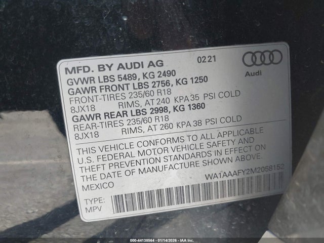 2021 Audi Q5 Premium 45 Tfsi Quattro S Tronic მანქანა იყიდება აუქციონზე, vin: WA1AAAFY2M2058152, აუქციონის ნომერი: 44138564