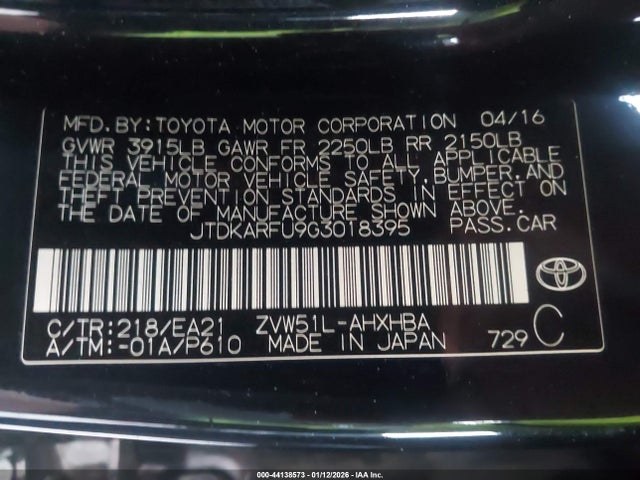 JTDKARFU9G3018395 Toyota Prius Four Touring