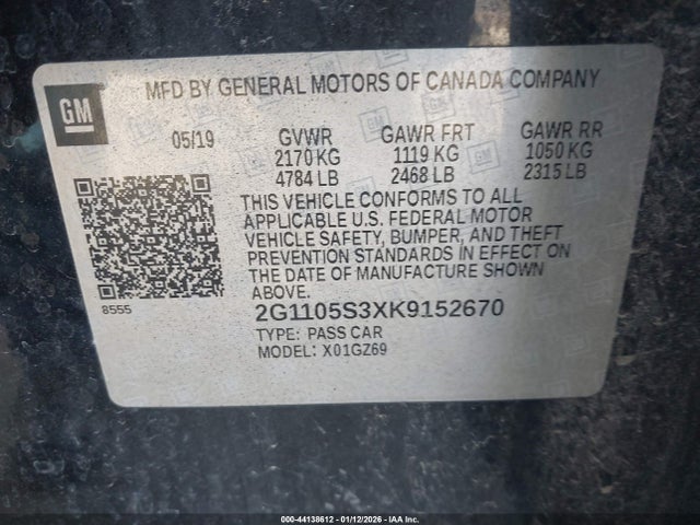 Продажа на аукционе авто 2019 Chevrolet Impala Premier, vin: 2G1105S3XK9152670, номер лота: 44138612