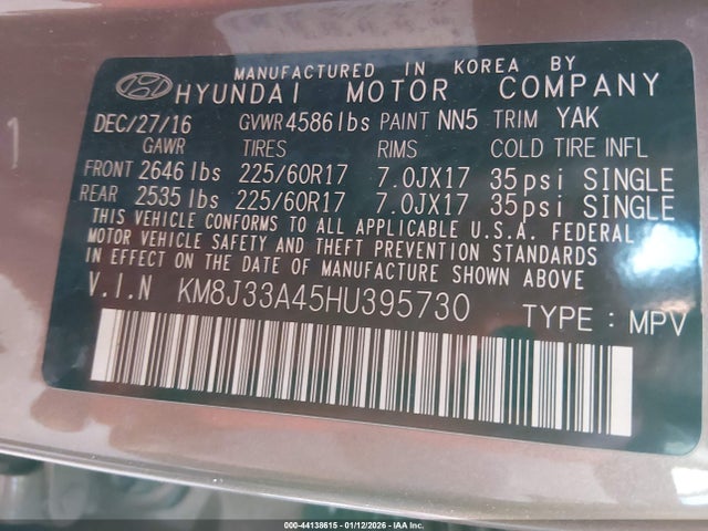 KM8J33A45HU395730 Hyundai TUCSON SE