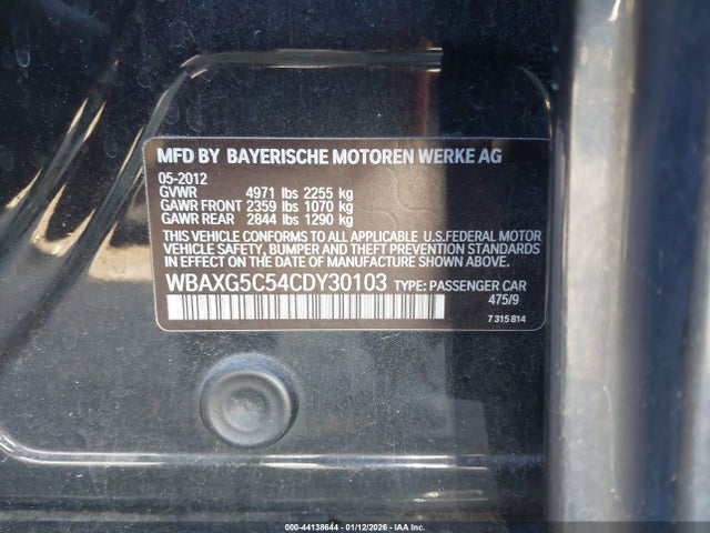 44138644 :رقم المزاد ، WBAXG5C54CDY30103 vin ، 2012 Bmw 528i مزاد بيع