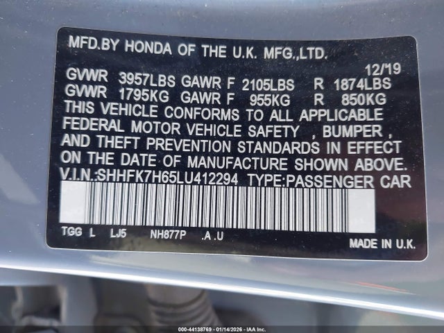 Honda CIVIC EX 2020 SHHFK7H65LU412294 Image 9