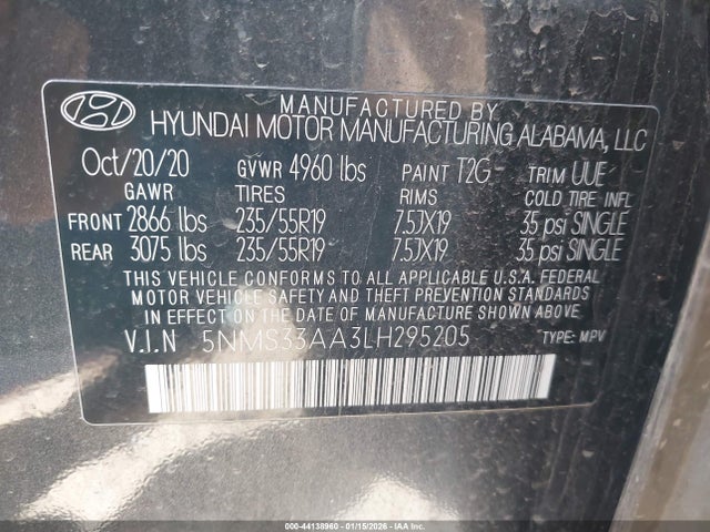 2020 Hyundai Santa Fe Sel 2.0t მანქანა იყიდება აუქციონზე, vin: 5NMS33AA3LH295205, აუქციონის ნომერი: 44138960