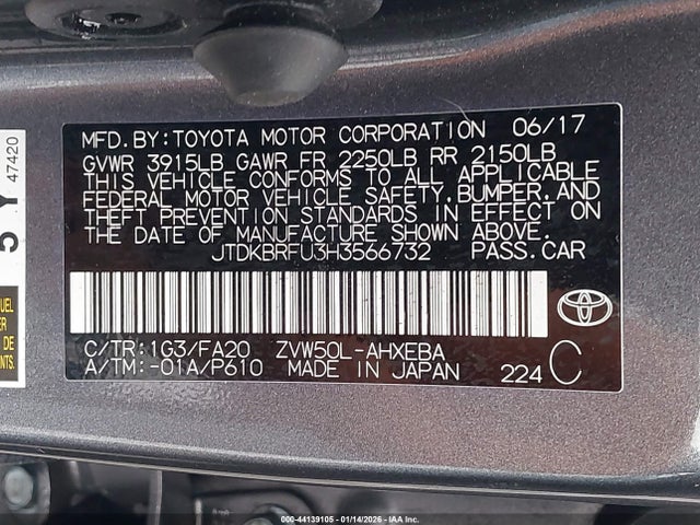 JTDKBRFU3H3566732 Toyota Prius Two