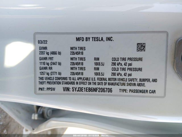 2022 TESLA MODEL 3 5YJ3E1EB6NF206706 Photo 8