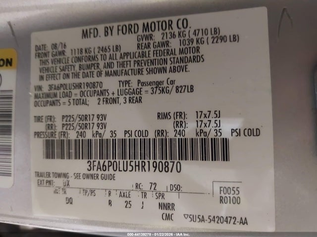 2017 FORD FUSION HYBRID 3FA6P0LU5HR190870 Photo 8