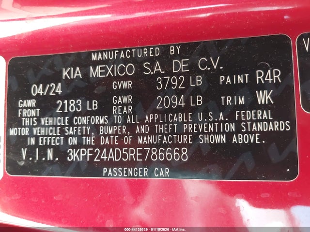 3KPF24AD5RE786668 KIA Forte Lxs