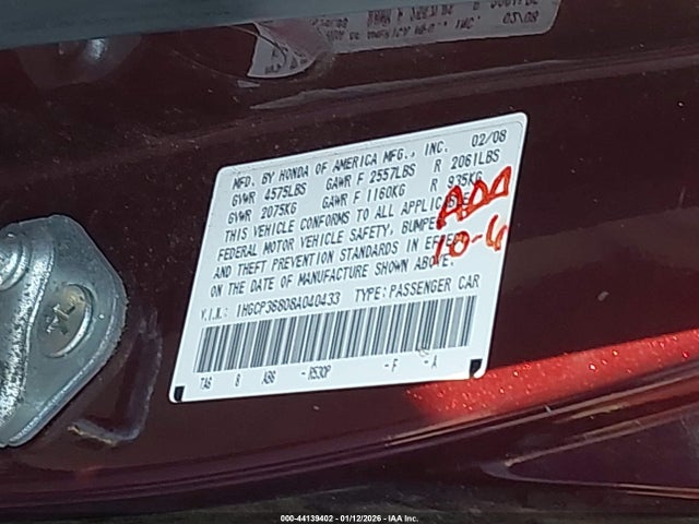 Aukcja sprzedaży 2008 Honda Accord 3.5 Ex-l, vin: 1HGCP36808A040433, numer aukcji: 44139402