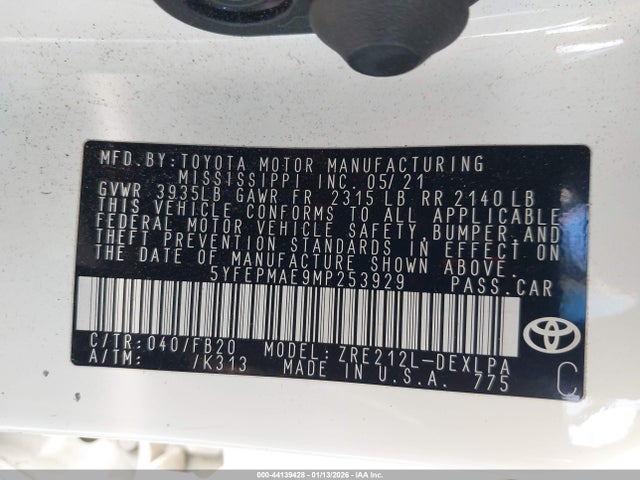 Toyota COROLLA LE 2021 5YFEPMAE9MP253929 Image 9