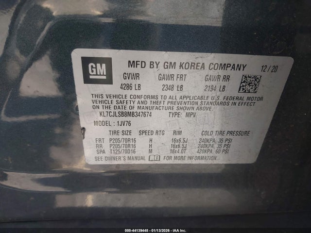 2021 Chevrolet Trax Fwd Lt მანქანა იყიდება აუქციონზე, vin: KL7CJLSB8MB347674, აუქციონის ნომერი: 44139448