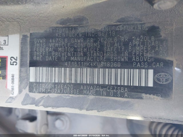 4T1B11HK4KU818260 Toyota CAMRY SE