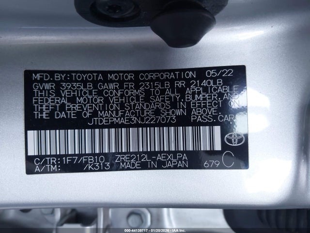 Aukcja sprzedaży 2022 Toyota Corolla Le, vin: JTDEPMAE3NJ227073, numer aukcji: 44139717