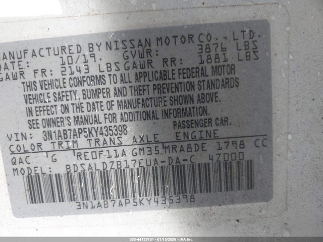 3N1AB7AP5KY435398 Nissan SENTRA SV