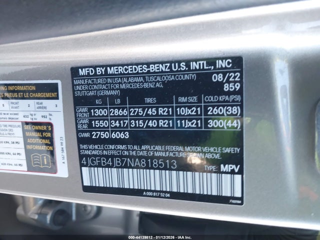 Aukcja sprzedaży 2022 Mercedes-benz Gle 350, vin: 4JGFB4JB7NA818513, numer aukcji: 44139812