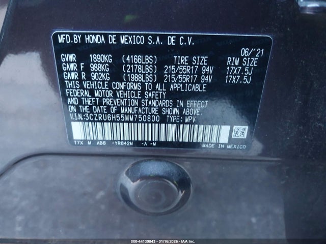 3CZRU6H55MM750800 Honda Hr-v Awd Ex