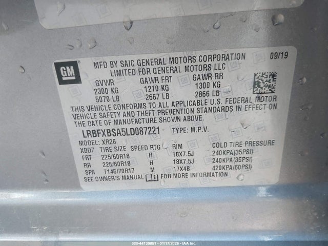 44139851 :رقم المزاد ، LRBFXBSA5LD087221 vin ، 2020 Buick Envision Fwd Preferred مزاد بيع