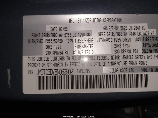 44139877 :رقم المزاد ، JM3TCBDY8N0629021 vin ، 2022 Mazda Cx-9 Carbon Edition مزاد بيع