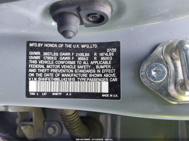 SHHFK7H86LU421815 Honda Civic Ex-l