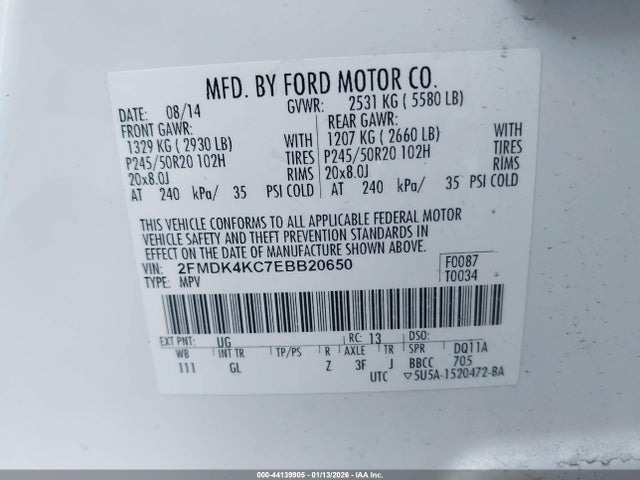 44139905 :رقم المزاد ، 2FMDK4KC7EBB20650 vin ، 2014 Ford Edge Limited مزاد بيع