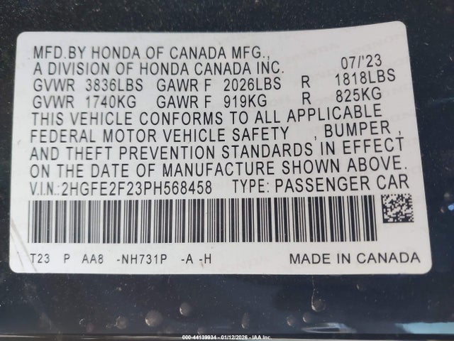Продаж на аукціоні авто 2023 Honda Civic Lx, vin: 2HGFE2F23PH568458, номер лоту: 44139934