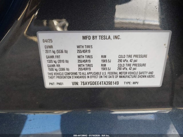 Продажа на аукционе авто 2026 Tesla Model Y Long Range Launch Series/premium All-wheel Drive, vin: 7SAYGDEE4TA398149, номер лота: 44139942