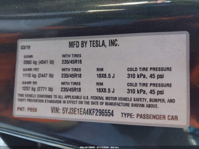 2019 TESLA MODEL 3 5YJ3E1EA4KF296554 Photo 8