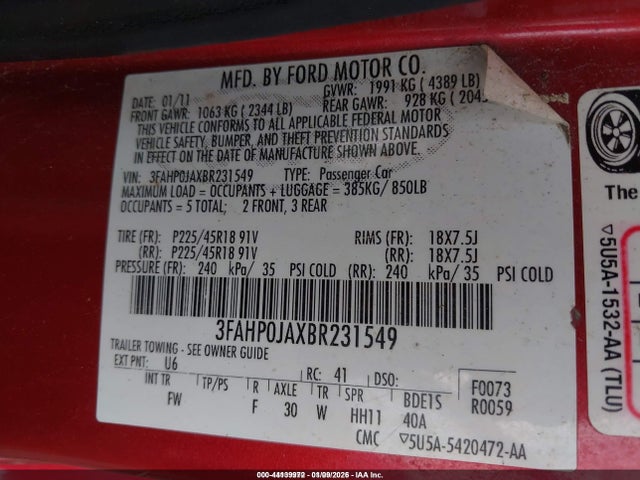 Продаж на аукціоні авто 2011 Ford Fusion Sel, vin: 3FAHP0JAXBR231549, номер лоту: 44139972