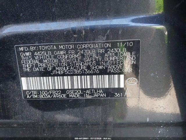 44139981 :رقم المزاد ، JTHBF5C23B5136676 vin ، 2011 Lexus Is 250 مزاد بيع