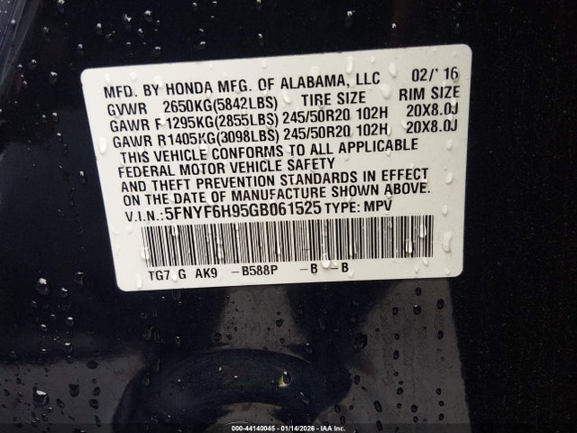 2016 Honda Pilot Touring მანქანა იყიდება აუქციონზე, vin: 5FNYF6H95GB061525, აუქციონის ნომერი: 44140045