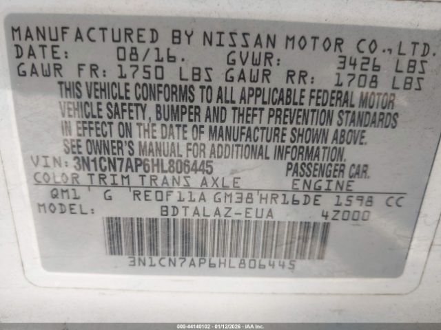 2017 NISSAN VERSA 3N1CN7AP6HL806445 Photo 8